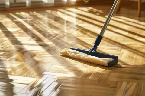 Un mocio lucida un parquet a spina di pesce, illuminato da raggi di sole che creano un gioco di luci e ombre. Scopri come lucidare il parquet per un risultato splendente.