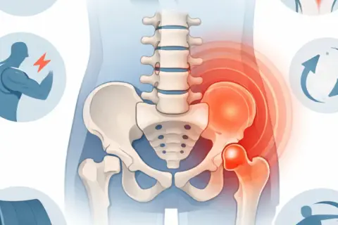 Illustration de l'anatomie du bas du dos et de la hanche, avec des zones rouges indiquant la douleur.