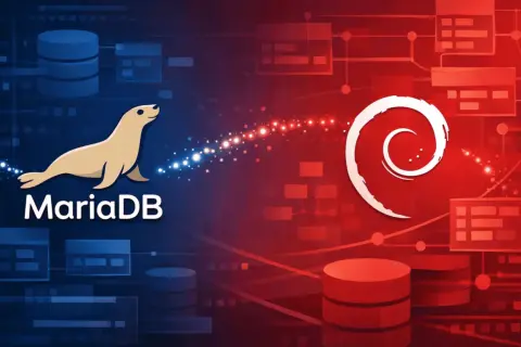 Le logo MariaDB, avec son phoque, est relié par des particules lumineuses au logo Debian. L'image symbolise l'intégration de MariaDB sur Debian.