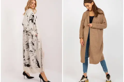 Dwie kobiety prezentują długie kardigany. Jeden w beżowym kolorze, drugi z czarnym wzorem. Idealne kardigany damskie plus size.