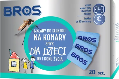 Bros wkłady do elektro na komary dla dzieci, chronią dom przed owadami przez 10h. Opakowanie zawiera 20 sztuk.
