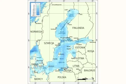 Mapa Bałtyku z zaznaczonymi głębokościami i państwami. Wiele wysp, np. Gotlandia, Olandia, Bornholm, Hiiumaa, Sarema, Alandzkie.