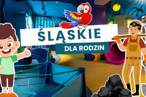 Śląskie atrakcje dla dzieci: wesoły chłopiec i górnik zapraszają do zabawy.