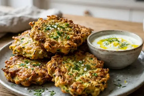 Délicieux beignets de courgette dorés, parsemés d'herbes fraîches, servis avec une sauce crémeuse.
