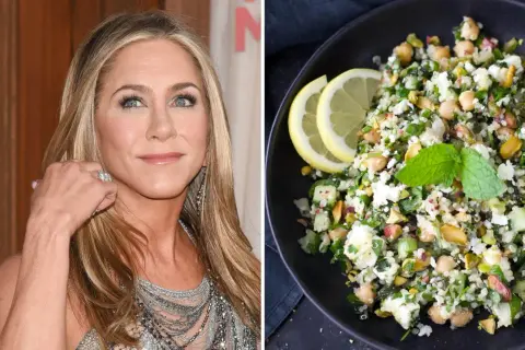 Jennifer Aniston sallad recept: en närbild på skådespelerskan och en skål med en fräsch quinoa-sallad med kikärtor, fetaost och pistagenötter.