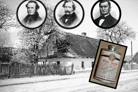 Trzej pionierzy medycyny i puszka eteru, symbol postępu w anestezji.