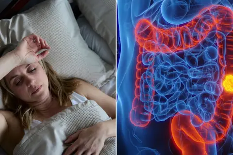Frau im Bett mit Fieber, daneben eine 3D-Darstellung des Darms mit einer leuchtend gelben Zyste im Darm, die auf mögliche Anzeichen hinweist.