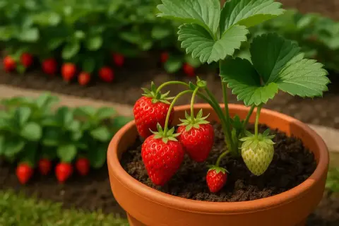 Pianta fragole in vaso, con frutti rossi maturi e uno ancora verde. Sullo sfondo, altre piante di fragole in un campo.
