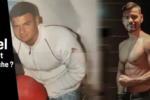 Avant/après transformation physique. L'image montre un homme avant et après avoir atteint un déficit calorique pour la sèche.