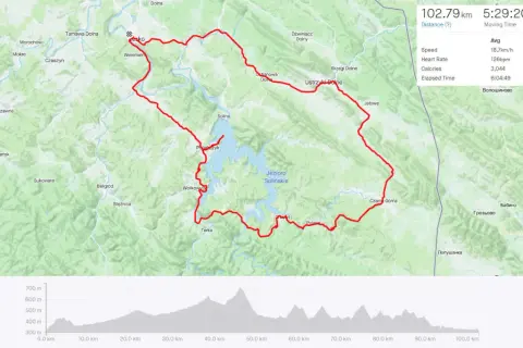 Trasa rowerowa pętla bieszczadzka wokół Jeziora Solińskiego. Dystans 102,79 km, czas 5:29:20. Widok mapy i profilu wysokości.