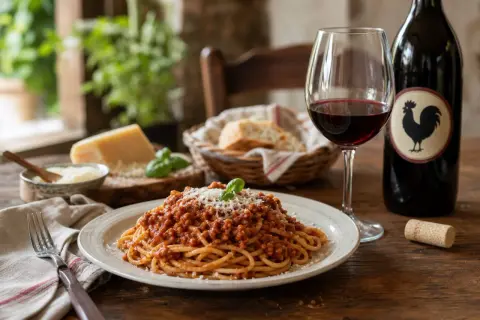 Ein Glas Rotwein steht neben einer Flasche mit Hahn-Etikett, bereit, welcher Wein zu Spaghetti Bolognese passt. Dazu ein Teller Pasta, Parmesan und Brot.