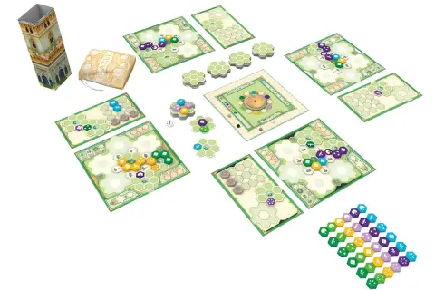 Brettspiel-Komponenten für die Azul Spiel Erweiterung: Spielbretter, Stoffbeutel, Türmchen und bunte Spielsteine.