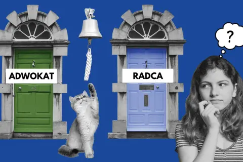 Kot sięga do dzwonka przy drzwiach z napisem "Adwokat", obok drzwi z napisem "Radca" i zamyślona dziewczyna.