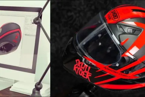 Projektowanie oklejania kasku motocyklowego z czerwono-czarnym wzorem. Gotowy kask Shoei z grafiką "Skull Rider" i "ApexClan Custom".