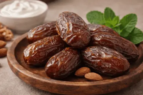 En träskål med dadlar, mandlar och mynta. Dessa dadlar nyttigt är en perfekt energiboost.
