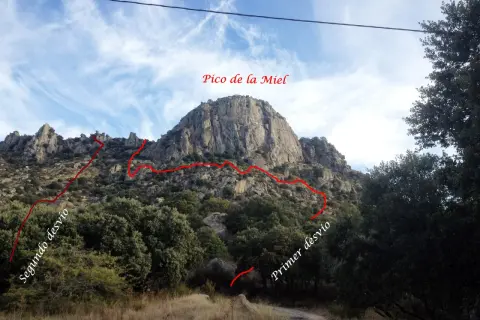 Ruta marcada en rojo hacia la cima del Pico de la Miel, con desvíos señalizados.