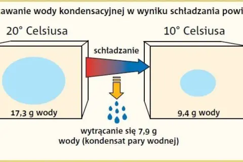 Ilustracja pokazuje, jak jednostka wilgotności powietrza zmienia się przy schładzaniu. Powietrze o temperaturze 20°C zawiera 17,3 g wody, a po schłodzeniu do 10°C, 7,9 g wody skrapla się.
