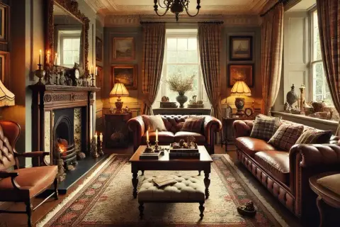 Gemütliches Wohnzimmer im englischen Landhausstil mit Ledersofas, Kamin und antiken Möbeln.