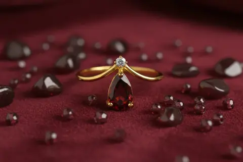 Anillo de oro con una lágrima de piedra enero y un diamante, rodeado de granates sobre tela burdeos.