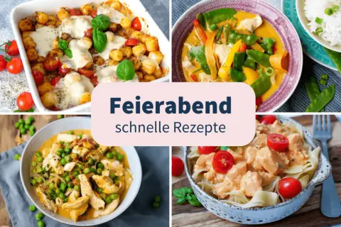 Schnelle Abendessen Ideen: Gnocchi-Auflauf, Hähnchen-Curry, Hähnchen mit Erbsen und Pasta mit cremiger Sauce.