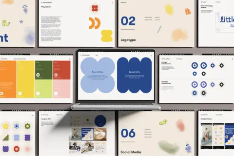 Screenshots of a brand bible presentation, showcasing color palettes, geometric shapes, logotype variations, and social media mockups for "little tandem.