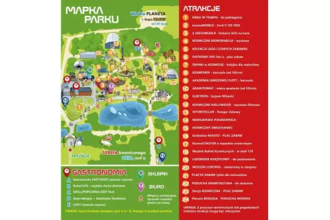 Mapa parku z atrakcjami, w tym kosmiczne ranczo z karuzelami i placami zabaw.