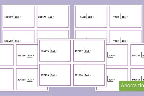 Ejercicios de divisiones para niños de 3 de primaria. Muestran operaciones matemáticas con números grandes y pequeños.