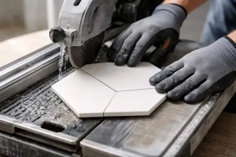Gants gris protégeant des mains qui guident une découpe de carrelage hexagonale sur une machine à eau.