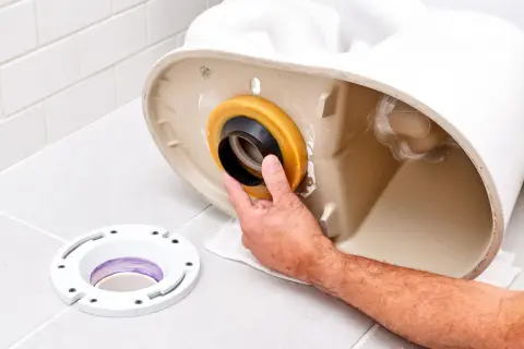 Hand installing a wax ring onto the base of a toilet, preventing a toilet leaking at base.