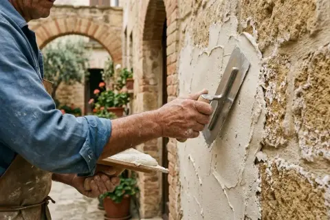 Artigiano applica intonaco minerale su un muro di pietra grezza, con un arco in mattoni sullo sfondo.