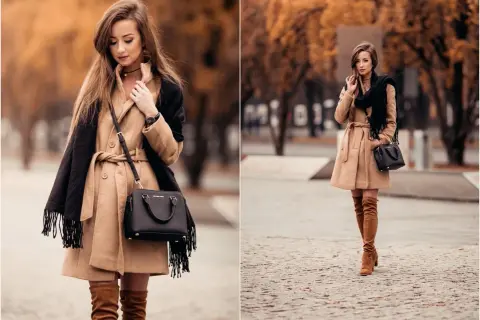 Karmelowe kozaki stylizacje: elegancki płaszcz, czarny szal i torebka tworzą jesienny look.