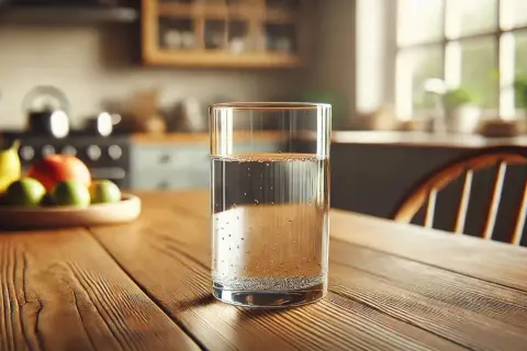 Szklanka wody na drewnianym stole. Czy przed badaniem krwi można pić wodę? Tak, zazwyczaj można pić wodę.