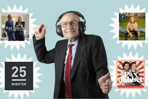 Äldre man med hörlurar lyssnar på podd ledarskap. Omgiven av omslag till poddar som "Rat Race", "Fannys Förebilder" och "På Jobbet".