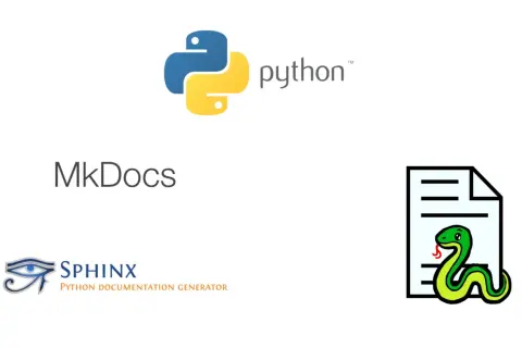 Logo Python, MkDocs et Sphinx, générateurs de documentation. Le serpent Python sur un document symbolise la fonction help Python.