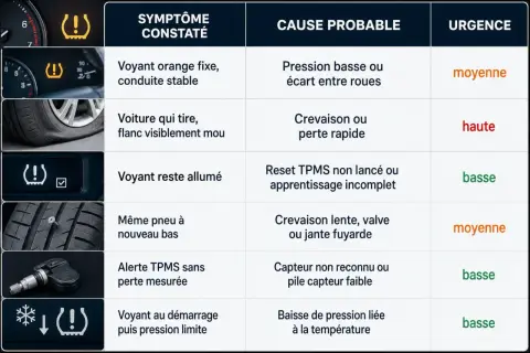 Tableau des symptômes de pression des pneus. Un voyant rouge indique un problème urgent.