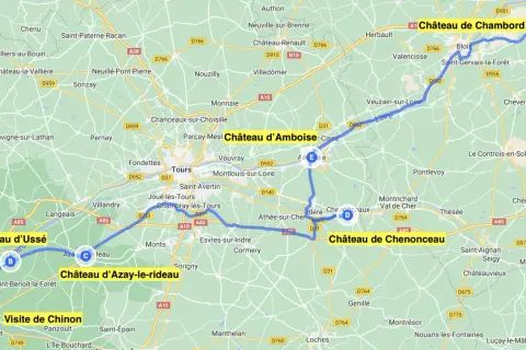 Carte du circuit châteaux de la Loire 5 jours : Chinon, Ussé, Azay-le-Rideau, Chenonceau, Amboise, Chambord.