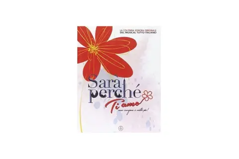 Okładka musicalu "Sarai perché ti amo". Czerwony kwiat na tle akwarelowych plam.