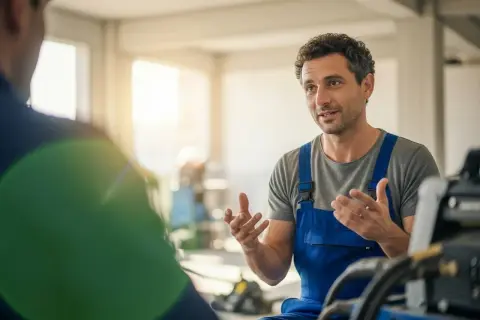 Ein blue collar worker in blauer Latzhose erklärt etwas gestikulierend.
