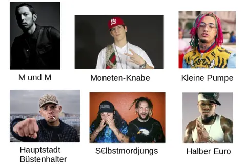 Sechs Bilder von Rappern: M und M, Moneten-Knaben, Kleine Pumpe, Hauptstadt Büstenhalter, S€lbstmordjungs, Halber Euro.