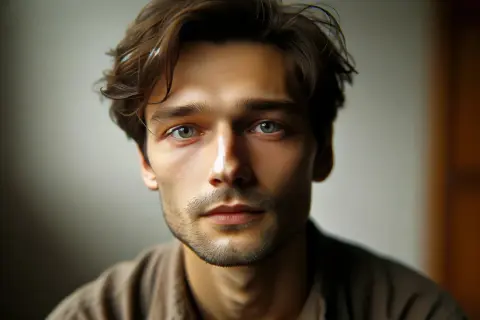 Portret młodego mężczyzny z brązowymi włosami i zielonymi oczami, w brązowej koszuli.