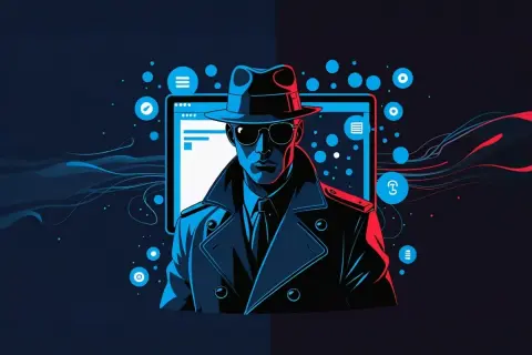 Mroczny detektyw w kapeluszu i okularach, otoczony cyfrowymi danymi, symbolizuje przeglądanie sieci w trybie **strona incognito**.