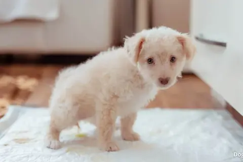 Kleiner, flauschiger Welpe steht auf einer Welpenunterlage, bereit, sein Geschäft zu verrichten. Tipps, wie man einen Hund zum Pipi animieren kann.