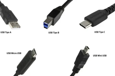Conectores USB Tipo A, B, C, Micro USB y Mini USB, mostrando la evolución de la tecnología USB 2.0 y posteriores.
