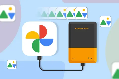 Illustrates the transfer of Google Photos to an external HDD, showing the Google Photos logo connected to the drive with images flowing.