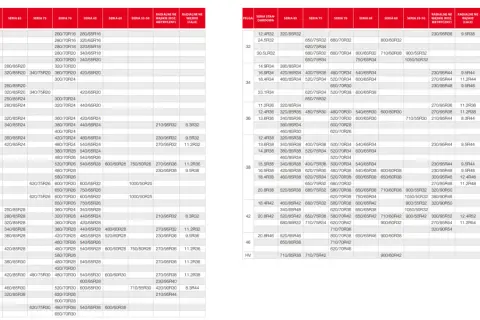 Tabela z zamiennikami opon, pokazująca różne rozmiary i serie felg, np. 230/95R44 jako zamiennik opony 9.5R44.