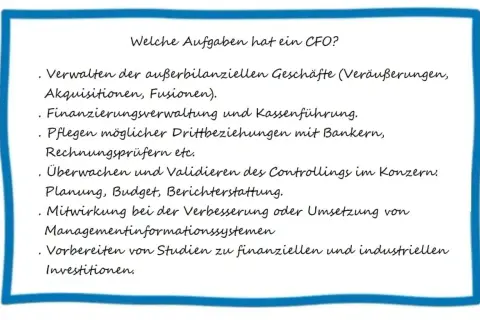 Aufgaben eines CFO: Verwaltung, Finanzierung, Beziehungen zu Bankern, Controlling, Budgetierung, Berichterstattung, MIS & Investitionsstudien. Die CFO Bedeutung ist zentral für die Unternehmensfinanzen.