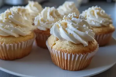 Fluffiga cupcakes med vit frosting och strössel, perfekta för ett enkelt cupcakes recept.
