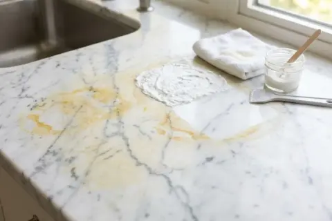 Pasta de bicarbonato y amoniaco para limpiar manchas amarillas en encimera de mármol.