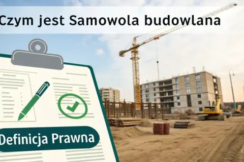 Czym jest samowola budowlana? Na budowie widać dźwig i powstający budynek. Na pierwszym planie dokument z definicją prawną.