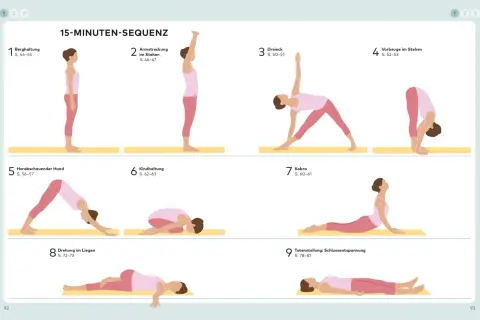 Illustrationen von 9 Yoga-Posen für Anfänger, von Berghaltung bis Totenstellung.